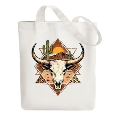 Imagem de ANATTASOUL Sacola de lona com caveira de touro, bolsa de algodão reutilizável para mulheres, bolsa de ombro de tecido durável com bolsos com zíper para compras, férias, trabalho, academia