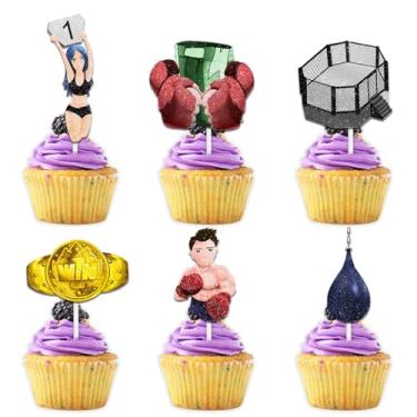 Imagem de 18 peças de purpurina boxe boxe luta esporte topo de bolo torcida para luvas medalha saco de pancadas tema decoração de festa de aniversário para homens mulheres feliz aniversário decoração