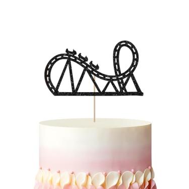 Imagem de Topo de bolo de montanha-russa, decoração de bolo com tema de circo, topo de bolo de parque de diversões com glitter preto para crianças, decoração de festa de aniversário com tema de carnaval