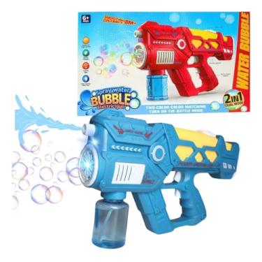 Imagem de Wellmix Pistola de Água e Bolhas 2 em 1, Recarregável com LED, Design Pixel, Manual, Multicolorido, 20x36x18cm, Inclui Cabo USB e Frasco, para Crianças Maiores de 6 Anos