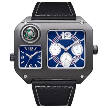 Imagem de Reginald Relógio masculino quadrado de fuso horário duplo, bússola, analógico, grande, de quartzo, com pulseira de couro PU, relógio moderno casual para uso ao ar livre, Azul