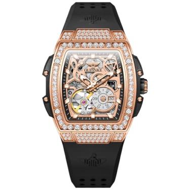 Imagem de OUPINKE Relógios femininos automáticos luxuosos diamantes ocos esqueleto quadrado relógios femininos pulseira de silicone macio vestido feminino ouro rosa relógio feminino à prova d'água, Pulseira