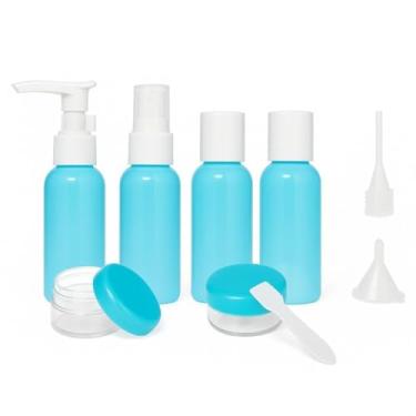 Imagem de Kit de Viagem 9 Peças Azul Frascos Portáteis para Cosméticos Recipientes Reutilizáveis para Líquidos e Cremes Mini Frascos Compactos para Mala de Mão