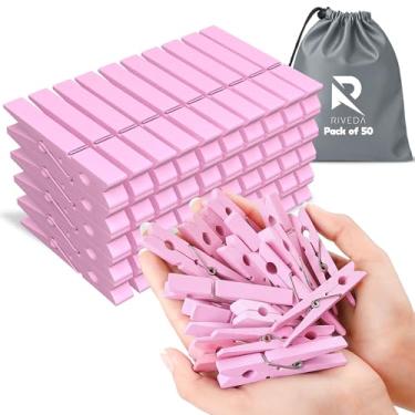 Imagem de Pacote com 50 alfinetes coloridos de madeira para artesanato, prendedores de roupa de 6 cm, itens essenciais para casa e sala de aula, decoração e artesanato, fotos para pendurar, rosa claro