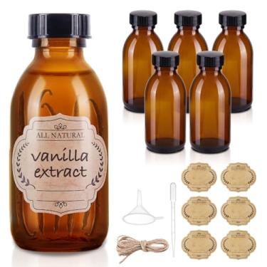 Imagem de Elumeiro Garrafa de vidro âmbar de 118 ml com tampa, pacote com 6 garrafas de vidro vazias, dispensadores de bomba cosmética para extrato de baunilha caseiro, óleos essenciais, suco, poção, xarope