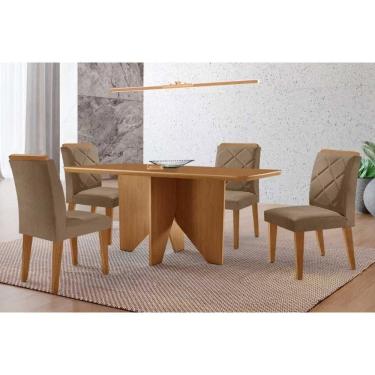 Imagem de Sala Jantar Mesa Nevada Tampo Curvo 120cm+4 Cadeiras Pietá Madeira Naturale - Capuccino/Linho Capuccino - Rufato