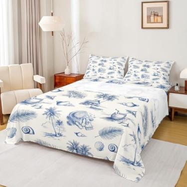 Imagem de Homewish Jogo de lençol casal Ocean Beach, litoral tropical, 4 peças, para decoração de quarto de crianças, meninas, meninos, adolescentes, coqueiros, folhas de palmeira, lençol com elástico, lençol