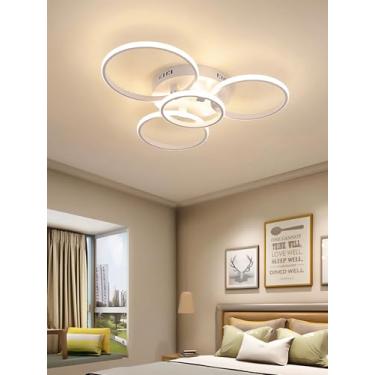 Imagem de Luminária de teto LED moderna, redonda, com intensidade regulável e controle remoto, em acrílico, com design econômico para iluminação de sala de jantar, quarto e cozinha (branca, 4 anéis).