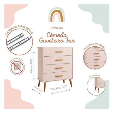 Imagem de Berço Americano E Cômoda Gaveteiro Infantil Isis Rosa Acetinado Com Colchão Ortobom - Reller