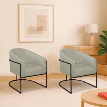 Imagem de Kit 2 Poltronas Decorativa Jade Moderno Escritório Confortável Luxo Base De Ferro Preto Bouclé Cor Verde Oliva