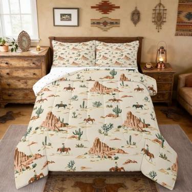 Imagem de Castle Fairy Conjunto de edredom de caubói ocidental, tamanho casal, desenho animado de cacto da montanha do deserto, para crianças, adolescentes e adultos, conjunto de edredom com tema de aventura do