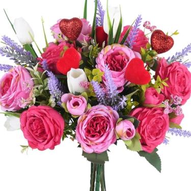 Imagem de GYWJJ Flores artificiais peônia flores falsas rosa seda arranjo para casa cozinha mesa vaso fazenda decoração de casamento