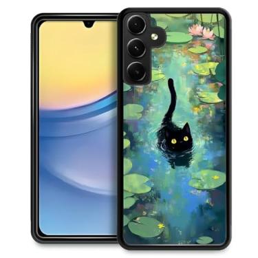 Imagem de CARLOCA Capa rígida compatível com Samsung Galaxy A15 para meninas e meninos, proteção à prova de choque, TPU antiderrapante, para Samsung Galaxy A15, estampa moderna, gato preto, natação, rio, lírio