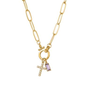 Imagem de MYDIY Colar feminino com pingente de cruz de pedra do mês de nascimento banhado a ouro, corrente delicada em camadas, presente inicial personalizado, joia cristã, pingente de cruz de fé, presente de