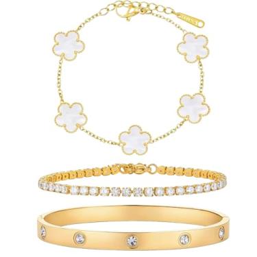 Imagem de Pulseiras femininas, banhado a ouro 18 K, conjunto de pulseiras de tênis com trevo floral, 3 peças, aço inoxidável, zircônia cúbica, não mancha, joia moderna, presente para ela no dia dos namorados