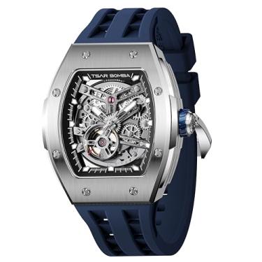 Imagem de TSAR BOMBA Relógio masculino automático Tonneau relógio esqueleto de luxo para homens, mecânico, 50 m, impermeável, com pulseira fluoroelastômero TB8228A - azul prateado
