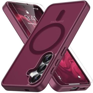 Imagem de Vansdon Capa para Samsung Galaxy S24 / S25, compatível com MagSafe, capa protetora fina fosca translúcida magnética com 1 protetor de tela - proteção contra quedas de nível militar (vinho vermelho)