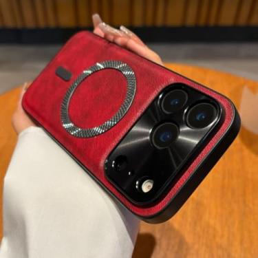 Imagem de Capa de couro texturizado de luxo para iPhone 17 Air 16 16e 15 14 13 11 12 Pro Max Plus com carregamento sem fio e proteção contra impactos (para iPhone 14 Plus/Vermelho)