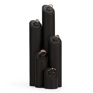 Imagem de x3anggyt5 5 peças elegantes suporte de exibição de anel de joias preto PU suporte decorativo único para anel/organizador de casamento