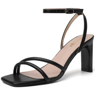 Imagem de RIBONGZ Sandálias femininas de salto alto com tiras quadradas, bico aberto, salto alto, tira no tornozelo, sandálias de salto grosso, para casamento, noiva, salto alto, sapatos de festa, Preto, 38