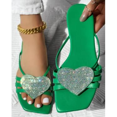 Imagem de Pantufa feminina com bico de coração e strass para decoração de tornozelo com borla, casual, festa, férias, uso diário, Verde, 37