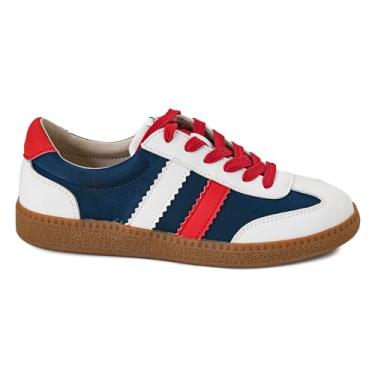 Imagem de Corkys Footwear Hey Girl Heads Up Tênis feminino com cadarço – Sapato casual moderno com listras laterais ousadas, uma palmilha acolchoada para uso o dia todo e um design leve, Vermelho, branco, azul