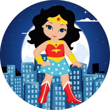 Imagem de Painel de Lona Redondo Menina Maravilha Sobrevoando Cidade Noturna - F