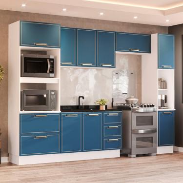 Imagem de Cozinha Modulada 5 Peças sem Pia e Rodapé Amara Politorno - Branco com Azul