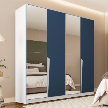 Imagem de Guarda Roupa Casal com Espelho 4 Portas Porto Politorno - Branco com Azul