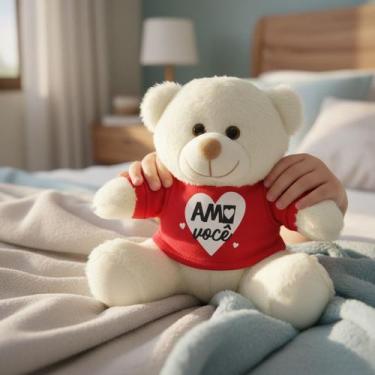 Imagem de Urso De Pelúcia Camiseta Amo Você 20cm Toybrink, Baunilha, Amo