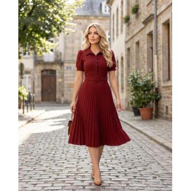 Imagem de Vestido Midi Rodado Godê Evangélico Plissado Modelador Modesto com Cin