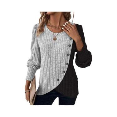 Imagem de Suéter Feminino De Outono Com Manga Longa, Listrado, Gola O, Botões, S