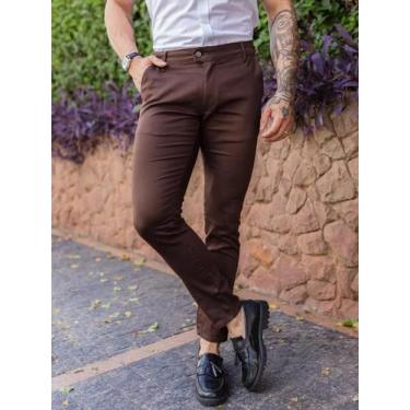 Imagem de Calça Masculina Sarja  Alfaiataria Skinny Premium Acetinada Marrom Exp