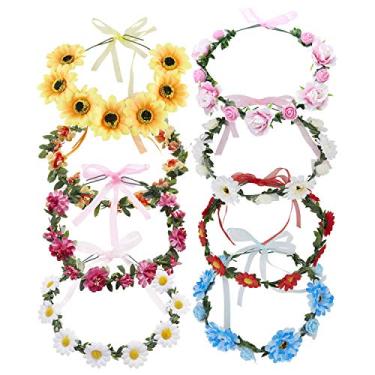 Imagem de Pacote com 8 guirlandas florais com coroa de flores Boho com fita halo tiaras de cabelo guirlanda casamento noiva tiara girassol margarida hibisco faixas de cabelo havaiano festa acessórios