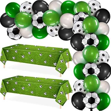 Imagem de 32 peças de artigos de decoração de festa de futebol incluem 30 balões de festa de futebol e 2 toalhas de mesa temáticas de futebol, festa temática da selva, chá de bebê, aniversário, casamento