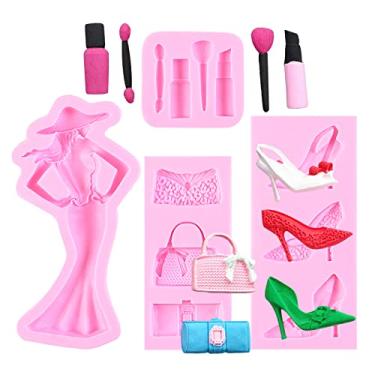 Imagem de Pacote com 4 moldes para fondant de chocolate para maquiagem fashion senhora batom, bolsas de salto alto para sapatos de silicone cupcake açúcar artesanato pasta de goma para decoração de bolos doces, festa de aniversário argila resina molde de sabão