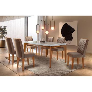 Imagem de Conjunto Mesa Londrina 180X90cm Off White Imbuia com 6 Cadeiras Londrina Imbuia Veludo Marrom Rufato