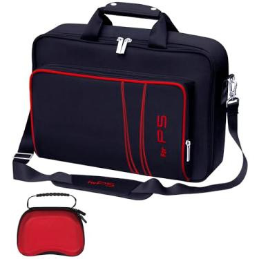 Imagem de omarando Bolsa de transporte para consola de jogos, compatível com a PS5 ou PS5 Slim, bolsa de transporte de viagem para o comando de jogos e acessórios, caixa protetora do comando incluída (Black-Red)