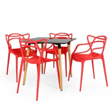 Imagem de Conjunto Mesa de Jantar Quadrada Eiffel Preta 80x80cm com 4 Cadeiras Allegra - Vermelho