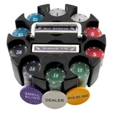 Imagem de Kit De Poker Profissional 200 Fichas Suporte Giratório 2 Deck