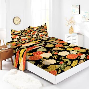 Imagem de Lençol com elástico solteiro, 99 x 190 cm, flores coloridas, 4 peças, lençol de cama luxuoso de microfibra macia, 40 cm, lençol com elástico profundo, respirável, resistente a rugas, resistente ao