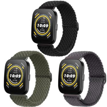 Imagem de ViCRiOR Pacote com 3 pulseiras de relógio trançadas elásticas compatíveis com Amazfit Bip 6/Bip 5/GTR 4/GTR 3/3 Pro/GTR 2/2e/GTR 47 mm, pulseira de nylon elástica Solo Loop de 22 mm para Amazfit