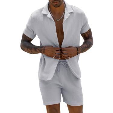 Imagem de URRU Conjunto masculino de linho 2024 moda verão manga curta camisa e shorts roupa praia tropical férias, Cinza, M