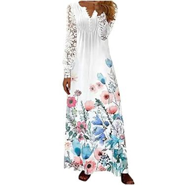 Imagem de Vestidos femininos de renda longa manga bufante vestidos florais para mulheres decote em V plissado maxi vestidos longos de outono verão 2024, P-282 Azul royal, G