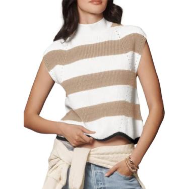 Imagem de Saodimallsu Suéter feminino listrado sem mangas gola redonda manga cavada malha canelada tops cropped verão, Caqui, XX-Large