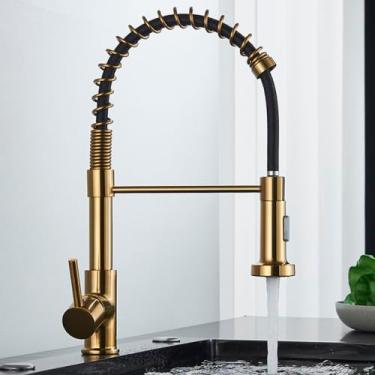Imagem de Torneira da cozinha pull out stream pulverizador deck montado preto fosco misturadora rotação de 360 graus pia da cozinha torneiras frias, ouro burshed a