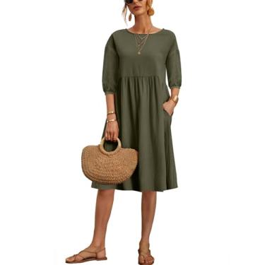 Imagem de Larmliss Vestidos de verão para mulheres 2024 casual confortável algodão gola redonda manga 3/4 túnica praia comprimento até o joelho, Curto verde-escuro, G