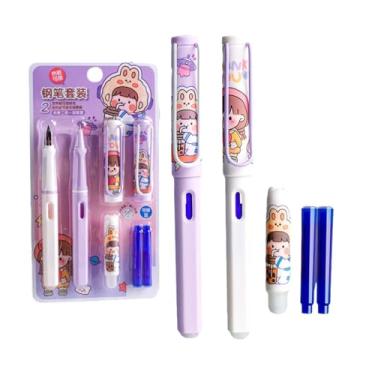 Imagem de Joucien 2 canetas por caixa, canetas apagáveis para estudantes, cartuchos de tinta, canetas fofas de desenho animado substituíveis - chá de leite para passear (azul)