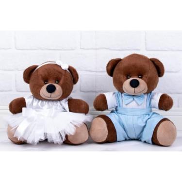 Imagem de CASAL DE URSOS DE PELUCIA - PAJEM AZUL CLARO, DAMINH BRANCA/TEDDE 26 CM (Pajem Azul claro, Daminha Branca, padrão - Pelúcia Marrom)