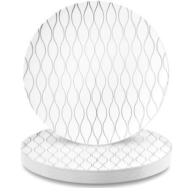 Imagem de Pratos de salada de plástico redondos de prata branca premium - 19 cm (pacote com 10) | Conjunto de louça luxuoso para festas e eventos